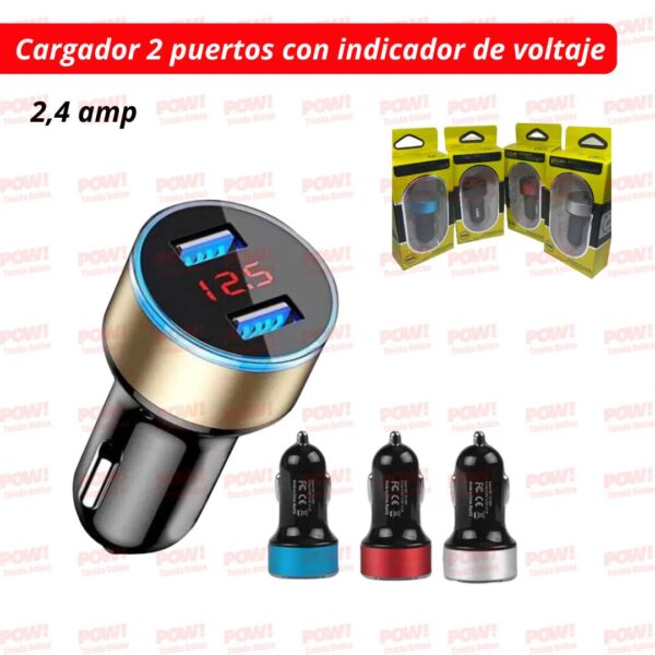 Cargador para Vehiculo 2 Puertos con Indicador de Voltaje